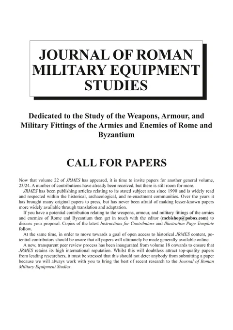 Call for papers for Journal of Roman Military Equipment Studies 2023
