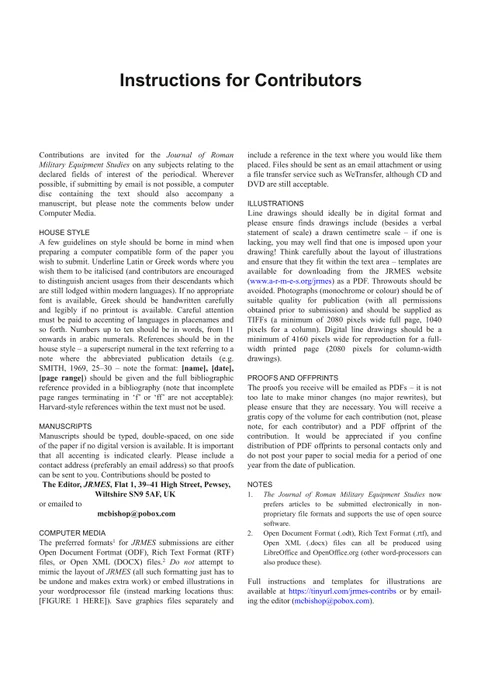 Instructions for Contributors for Journal of Roman Military Equipment Studies 2023