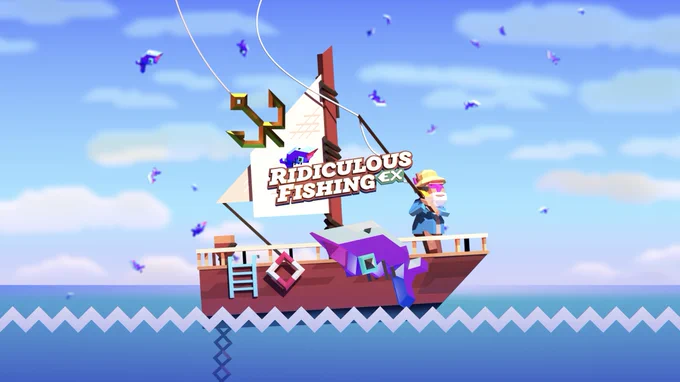 A still image of a fisherman on a boat from Ridiculous Fishing EX.