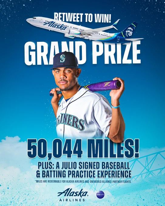 Retweet to win a Grand Prize! 50,044 Alaska Airlines miles, plus: a Julio signed baseball and a batting practice experience. 

*Miles are redeemable for Alaska Airlines and oneworld alliance partner flights.