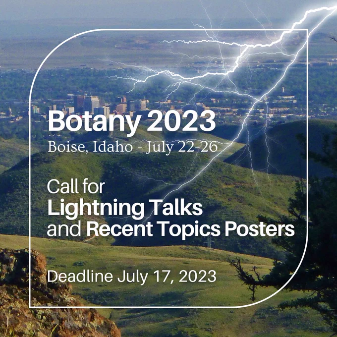 A landscape of Boise Idaho in the distance and green hill in the front with a shard of lightning showing on top. Text: Botany 2023. Boise, Idaho - July 22-26. Call for Lightning Talks and Recent Topics Posters. Deadline July 17, 2023.