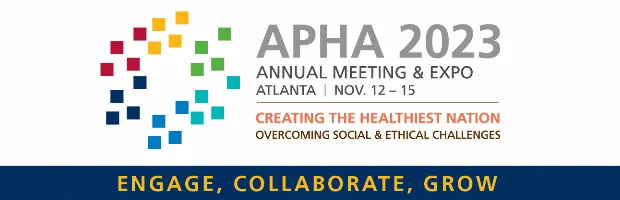 Four each of red, yellow, green, teal, blue, and black squares forming a circle. 
Graphic text: APHA 2023 Annual Meeting & Expo, Atlanta, Nov 12-15
Creating the healthiest nation
Overcomming social & ethical challenges
Engage, collaborate, grow