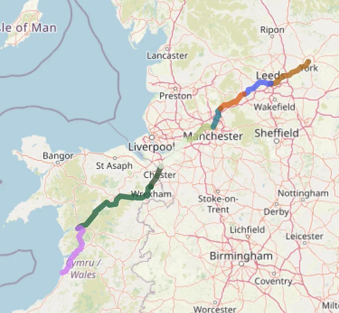 A screenshot of a map showing our bus routes from York through to Aberystwyth, via Leeds, Halifax, Rochdale, Manchester, Warrington, Chester, Wrexham and Dolgellau.