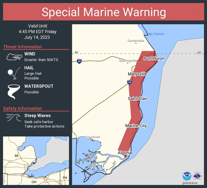 This graphic displays a special marine warning plotted on a map. The warning is in effect until 4:45 PM EDT. The warning includes St. Clair River. The threats associated with this warning are wind gusts greater than 50kts and no hail expected.Waterspouts are possible. Steep waves can be expected. Seek safe harbor and take protective actions.