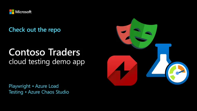 Text reads "Check out the repo. Contoso Traders cloud testing demo app. Playwright, Azure Load Testing, Azure Chaos Studio."