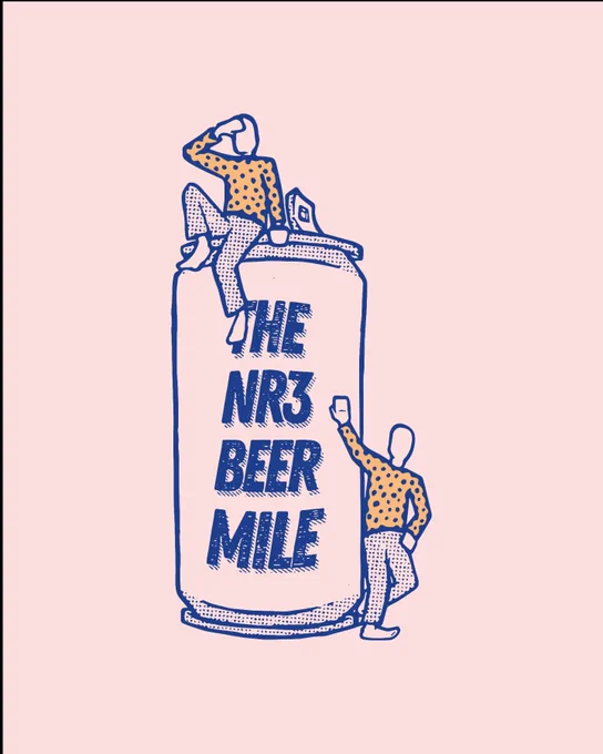 The official NR3 Beer Mile logo. Figure with spotty yellow leans next to beer can which says NR3 Beer Mile. A similar figure sits on top.