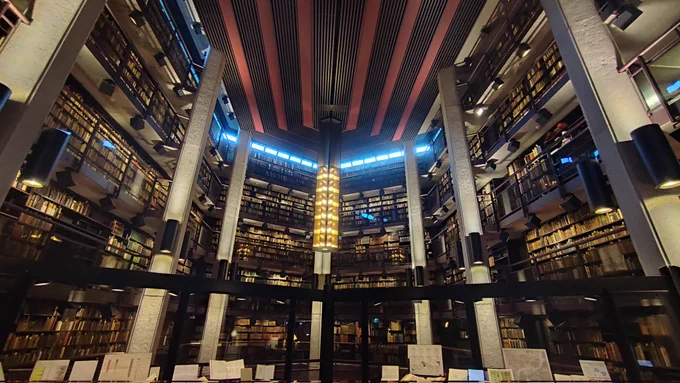 Ein sehr hoher Raum, der über 4-5 Etage reicht, alle Wände voll mit alten Büchern, passende Beleuchtung 