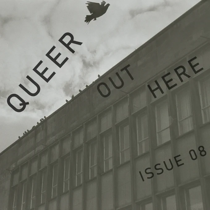 A black and white photo of an old office building cuts diagonally across a cloudy sky. A number of pigeons huddle on the roofline and one takes flight. The text over the image reads Queer Out Here Issue 08.