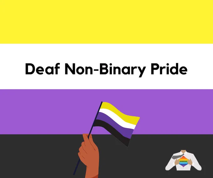 image: non-binary flag background (yellow/white/purple/black) with text: “Deaf Non-Binary Pride.