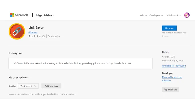 Link Saver Chrome Extension published on Microsoft Edge add-ons store.