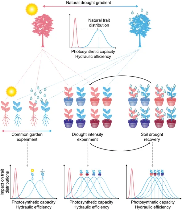 Conceptual figure showing the different experimental set-ups, which are commonly used to evaluate how plants adapt to drought.