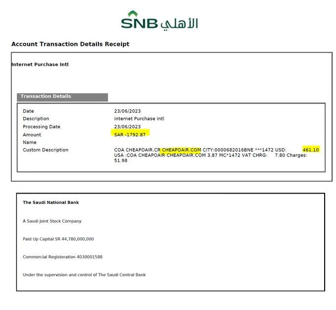 Bank details receipt
