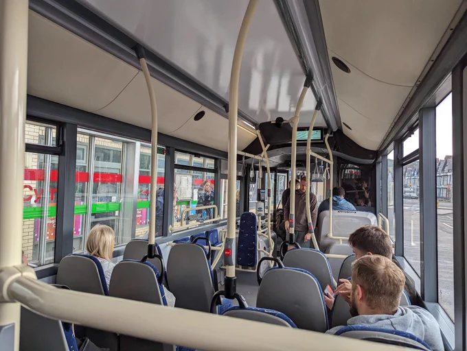 A photo of the interior of SK21 FHZ, operated by Richards Bros as a part of the TrawsCymru network and running on the T5 to Fishguard. Taken near Aberystwyth bus station.