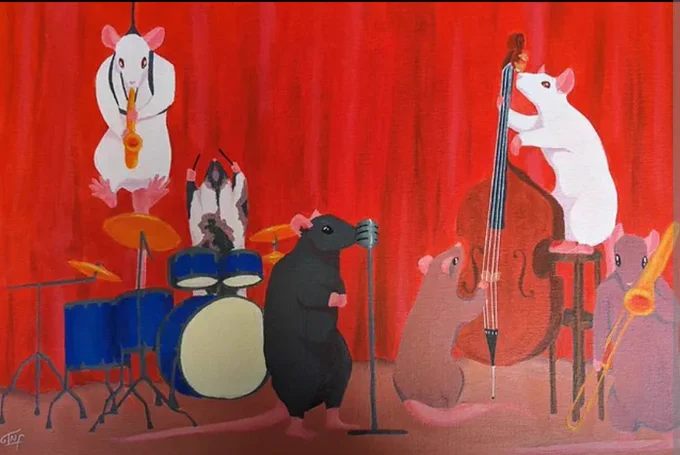 Painting of a jazz band made of multicoloured rats playing various instuments