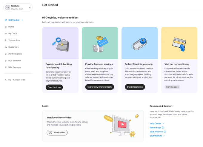 This is a screenshot of the updated Bloc Dashboard. New features are no-code tools for issuing accounts and cards to people, core banking functionalities (send and receive money in NGN/USD), payment links, partner libraries, API integration etc.
