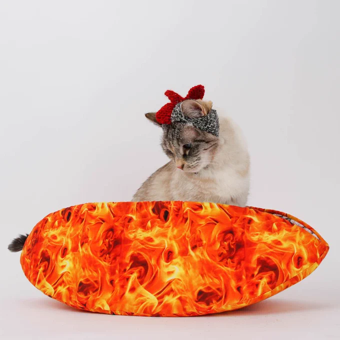 A cat wearing a chicken hat and sitting in a Cat Canoe® cat bed, made with a digital print fabric that looks like fire flames.