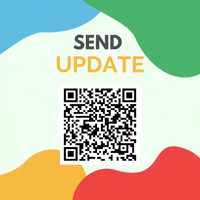 Pale green background with curved shapes around the edge in different colours - blue in top left, green in top right, yellow in bottom left, red in bottom right. In the centre is a QR code link to the online issue, with text above it in black and yellow reading "SEND UPDATE"