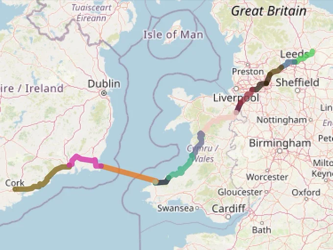A photo from busmiles depicting our route from York to Cork, via Leeds, Halifax, Rochdale, Manchester, Warrington, Chester, Wrexham, Dolgellau, Aberystwyth, Fishguard, Goodwick, Rosslare and Waterford.