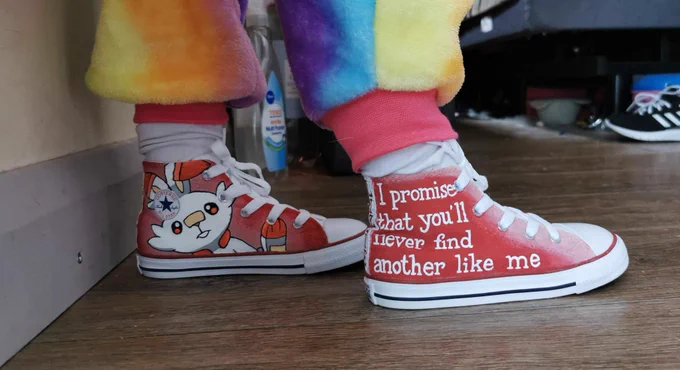 Red and white converse shoes hand painted with pokemon and the quote 'I promise that you'll never find another like me'