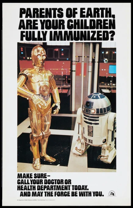 A photo of C3PO and R2D2, with the caption "Parents of Earth, are your children fully immunized?"