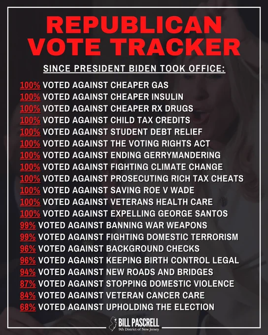 Republican Voting Record since President Biden took office 
100% voted against cheaper gas
100% voted against cheaper insulin 
100% voted against cheaper Rx drugs
100% voted against child tax credits
100% voted against student debt relief
100% voted against the Voting Rights Act
100% voted against ending gerrymandering
100% voted against fighting climate change 
100% voted against prosecuting rich tax cheats
100% voted against saving Roe v. Wade
100% voted against veterans health care 
100% voted against expelling George Santos
99% voted against banning war weapons
99% voted against fighting domestic terrorism 
96% voted against background checks
96% voted against keeping birth control legal
94% voted against new roads and bridges
87% voted against stopping domestic violence
84% voted against veteran cancer care
68% voted against upholding the election