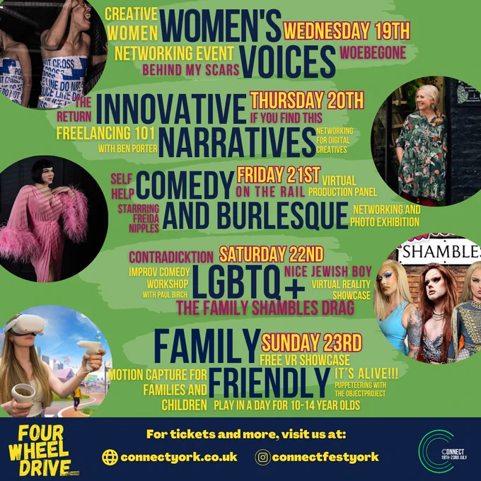 Promotional image for the Connect Festival, listing all shows and workshops, along with images from certain shows.