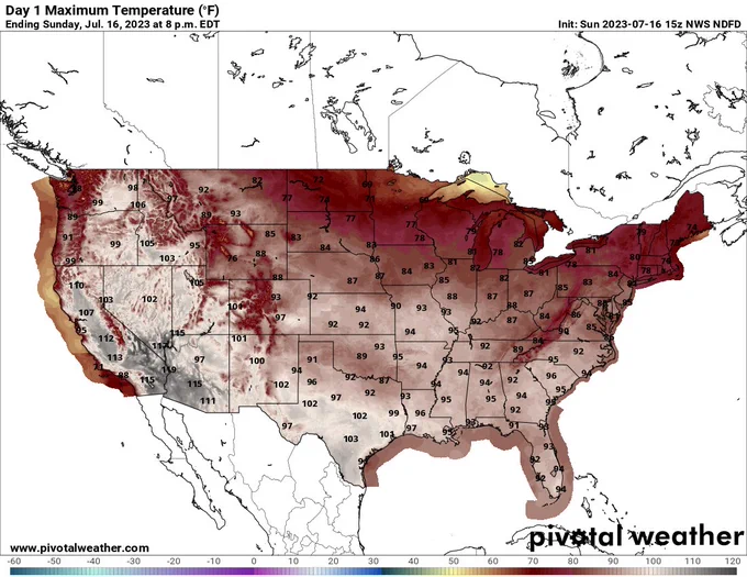 Map showing the NWS forecast for high temperatures across the U.S. on Sunday, July 16. 