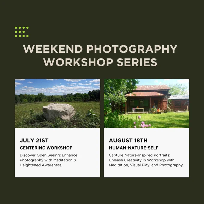 Ted reads Weekend Photography Workshop Series. Below there are two cards. First card reads July 21st Centering Workshop. Discover Open Seeing: Enhance photography with meditation and heightened awareness. Second card reads August 18th Human Nature Self Capture nature inspired portraits. unleash creativity in workshop with meditation, visual play and photography.