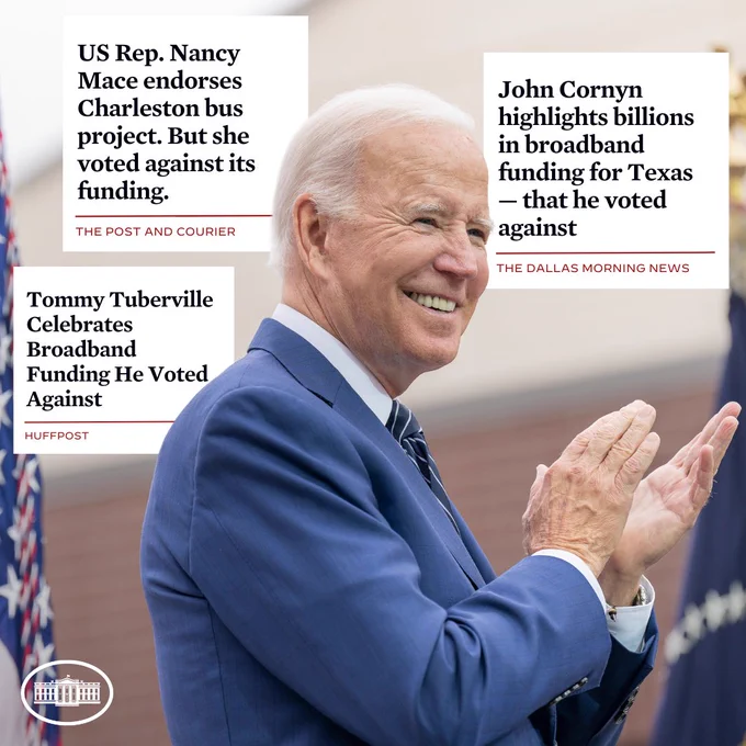 A graphic showing article headlines of Congressional Republicans claiming credit for investments they voted against.