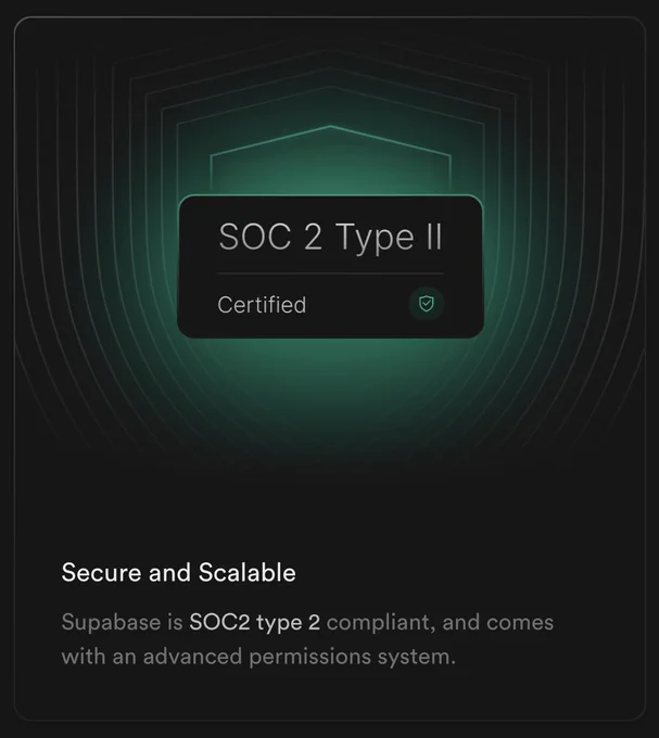 Black square image with green highlight on the center with text on top that reads: "SOC 2 Type II certified". On the bottom right text that reads: "Secure and Scalable. Supabase is SOC2 type 2 compliant, and comes with an advanced permissions system." 