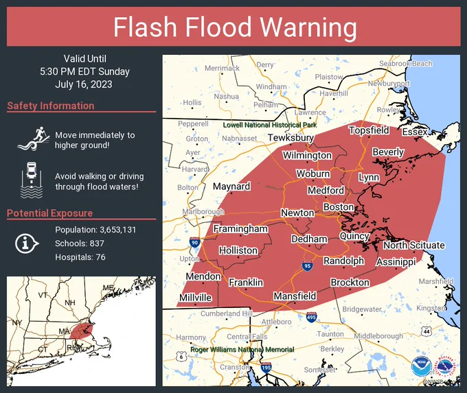 This graphic displays a flash flood warning plotted on a map. The warning is in effect until 5:30 PM EDT. The warning includes Boston MA, Cambridge MA and Brockton MA. Avoid walking or driving through flood waters! Move immediately to higher ground! There are 3,653,131 people in the warning along with 837 schools and 76 hospitals.