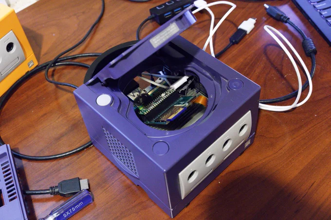 GameCube with lid open showing FlippyDrive