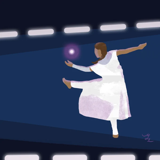 A digital painting of a stylised dancer reaching out to a drone.