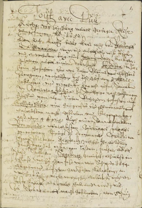 Das Bild zeigt die erste handbeschriebene Manuskriptseite Wageners Tagebuch. Als unterstrichene Überschrift steht zu Anfang der Satz "Tout avec Dieu". Im darauf folgenden Text sind mehrere Markierungen durch Unterstreichungen vorgenommen.