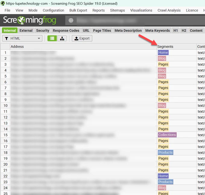 Screenshot of Screaming Frogs new segments feature