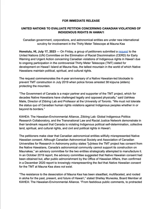 Page one of press release titled, "United Nations to evaluation petition concerning Canadian violations of Indigenous rights in Hawaiʻi".