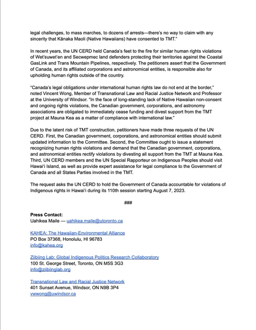 Page two of press release titled, "United Nations to evaluation petition concerning Canadian violations of Indigenous rights in Hawaiʻi".