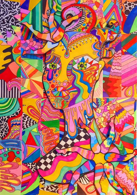 Illustration by Misty Athena Stokes which shows a vivid collage of illustration, bright rainbow of colours and intricate patterns. It shows a woman’s face and wheels of legs. Everything is a bright mismatch of colour and pattern.