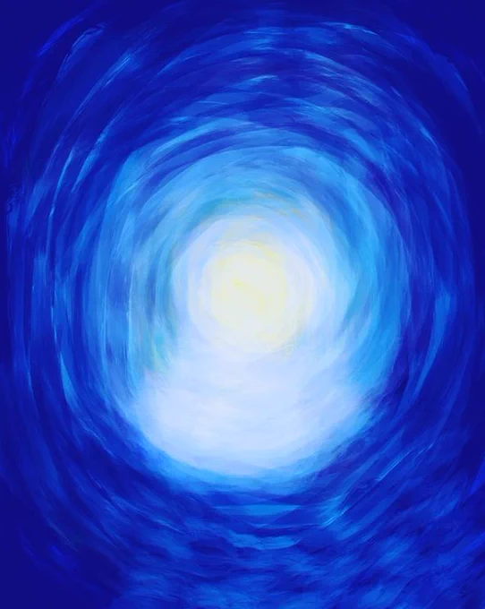 Digital painting by Julia Ledger Hill which shows a vivid blue background similar to a night sky and a moon-like yellow-y white orb with rings of glowing white around it and fading out.