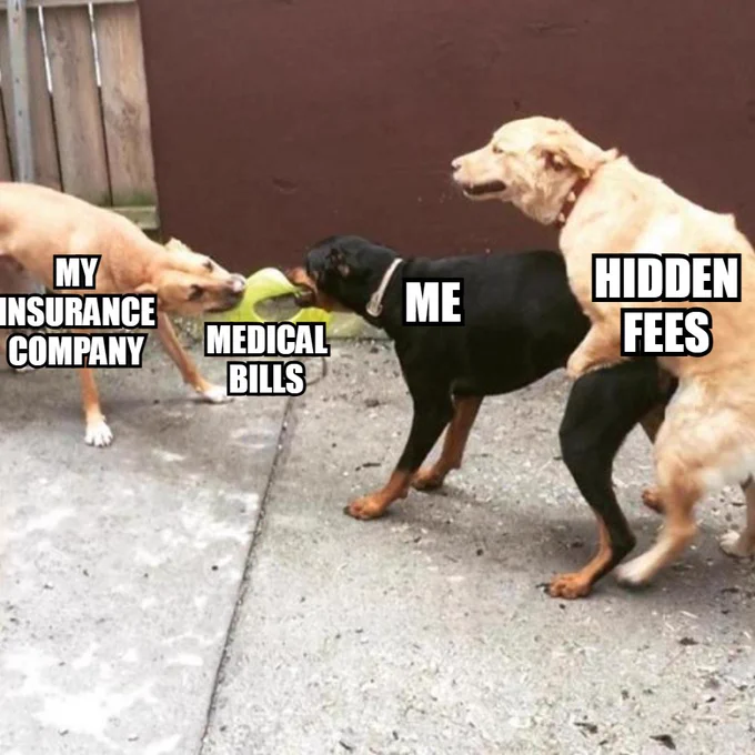 Meme of dogs fighting over medical bills, one says My insurance company, and me being held by hidden fees