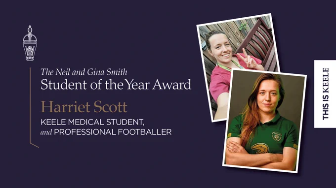 An image showing student of the year Harriet Scott in medical clothing and also her Ireland national team kit. 