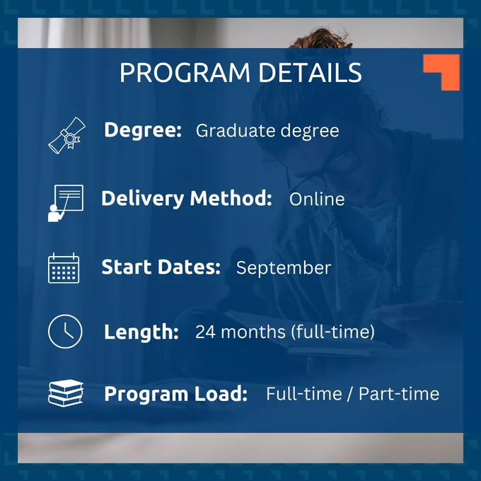 A person with curly brown hair tied up in a bun, black-framed glasses, and an olive green hoodie is reading a book. The text overlay reads, "Program details. Degree: Graduate degree. Delivery method: Online. Start dates: September. Length: 24 months (full-time). Program load: Full-time/part-time."