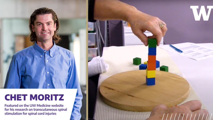 Professor Chet Moritz smiles while wearing a sky-blue collared button up and slicked back hair. He stands in front of an out of focus background of a brightly lit walkway in the Paul G. Allen School atrium.

A hand places a green wooden block on top of a colorful stack of other blocks. A thin gold line divides the two images. 