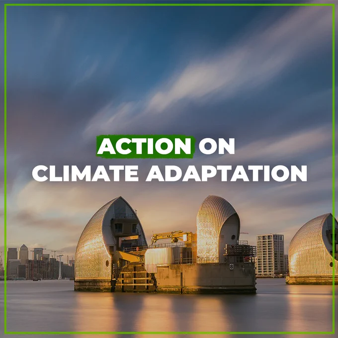 The Thames Barrier with the London skyline in the background, with the text: Action on Climate Adaptation
