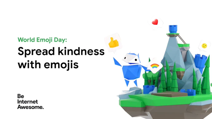 The Be Internet Awesome internaut surrounded by emojis with Kind Kingdom in the background. Text reads: World Emoji Day: Spread kindness with emojis