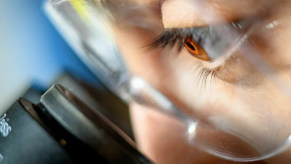 Eye looking into microscope