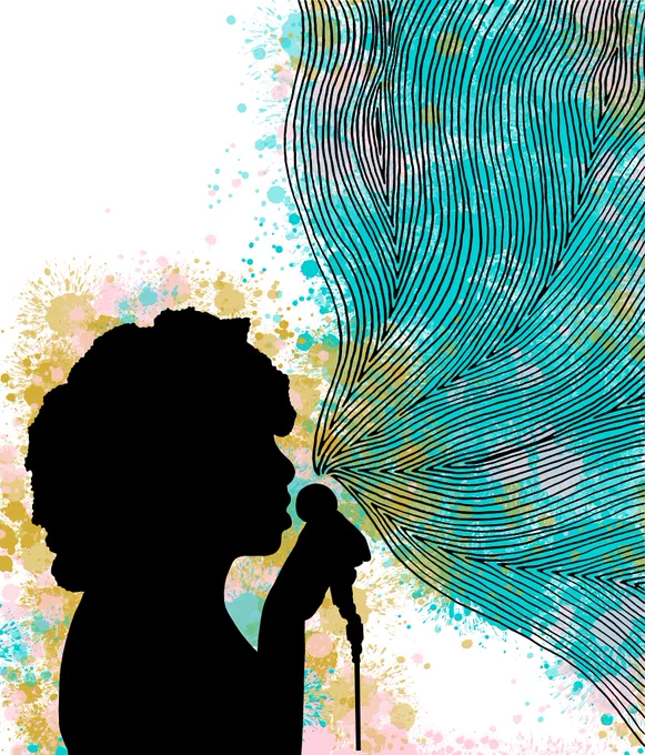 A silhouette illustration (by The Line Girl) of artist Radikal, holding a microphone. Waves of lines are coming from the microphone, with splashes of turquoise, pink, and yellow colours.