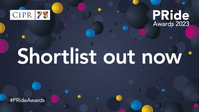 CIPR 75 logo top left. Dark blue background with colourful dots surrounding. Main headline: Shortlist out now. PRide Awards 2023 logo top right.