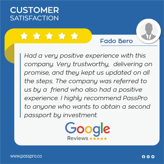 Had a very positive experience with this company. Very trustworthy, delivering on promise, and they kept us updated on all the steps. The company was referred to us by a friend who also had a positive experience. I highly recommend PassPro to anyone who wants to obtain a second passport by investment. 