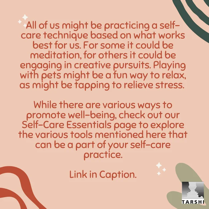All of us might be practicing a self-care technique based on what works best for us. For some it could be meditation, for others it could be engaging in creative pursuits. Playing with pets might be a fun way to relax, as might be tapping to relieve stress. 

While there are various ways to promote well-being, check out our Self-Care Essentials page to explore the various tools mentioned here that can be a part of your self-care practice.

Link in Caption.